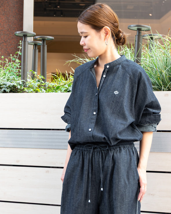 【ASHELEN】アナグラム刺繍バンドカラーラグランシャツ・デニム(156520702)